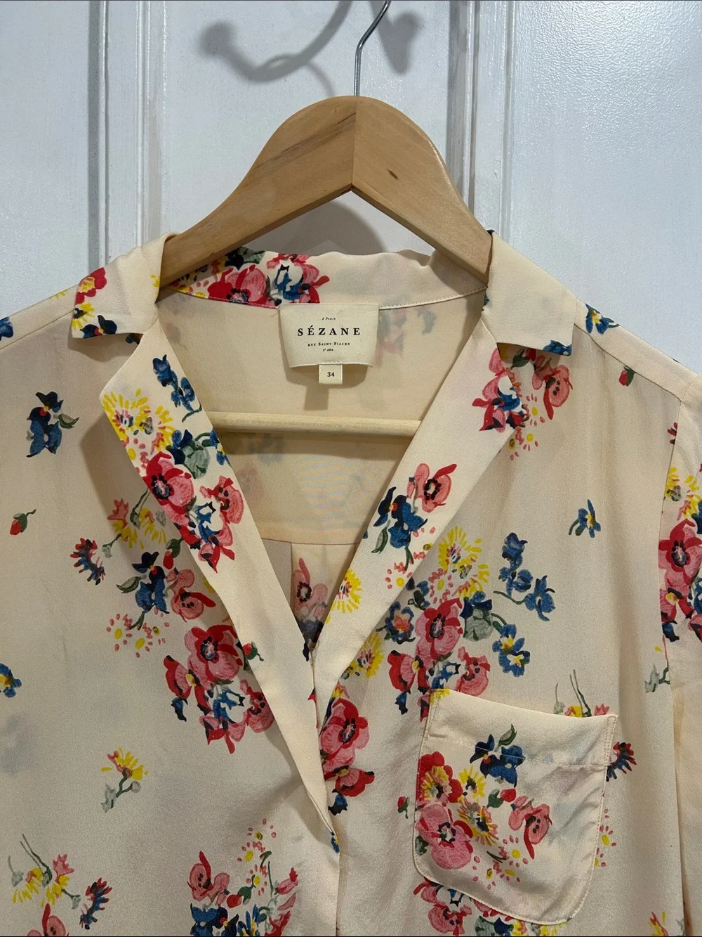 Sezane Pierro Silk Cream Floral Long Sleeve V Neck Button Up Blouse Top - 34